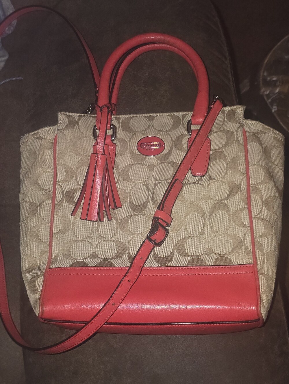 Coach Signature Legacy Mini Tanner Khaki Coral Crossbody Satchel Bag - Clean